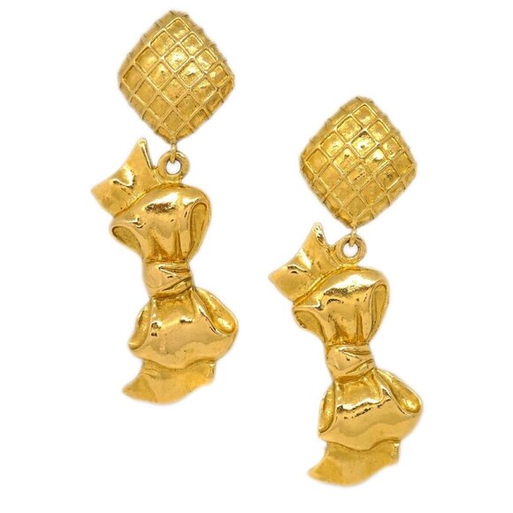 Chanel Bow Rhombus Dangle Earrings Clip-On Gold - Picture 1 of 4